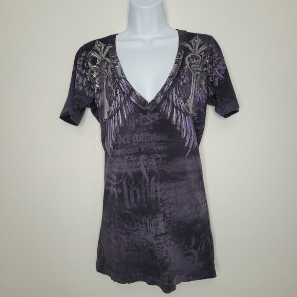 Sinful purple deep v neck wing text print short sleeve cyber grunge goth top L - Picture 1 of 6